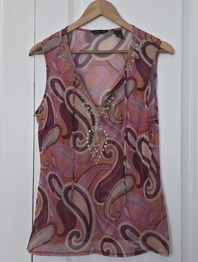 New York & Company Sheer Paisley Embellished Boho Top Size L